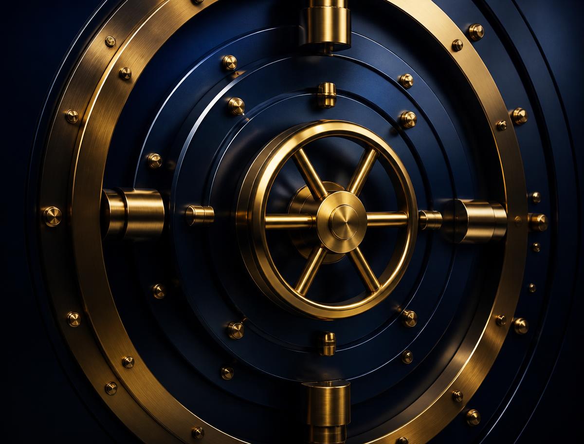 Detail of a bank vault mechanism in navy and brass